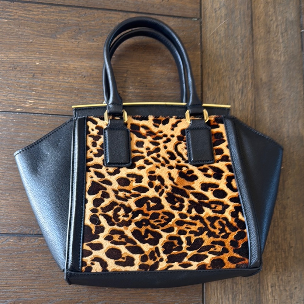 BCBG Max Azria Calf skin Leopard Print Black Leather Tote Bag